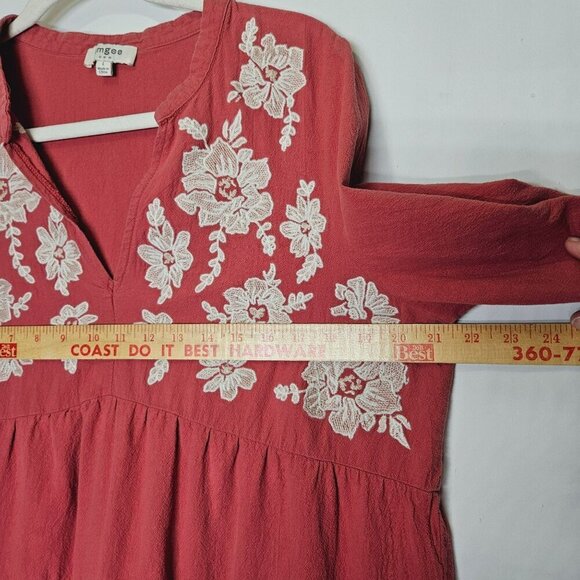 Umgee Coral Tiered Boho Dress With White Floral Embroidery Long Sleeves cotton L - Picture 7 of 9